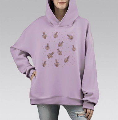 Серый с зайцами и надписью Любовь серая с зайцами и надписью, Hoodie Mono Fiolet, оверсайз, утепленная