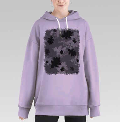 Серый темный узор осенних листьев в черно серых, Hoodie Long Oversize Fiolet