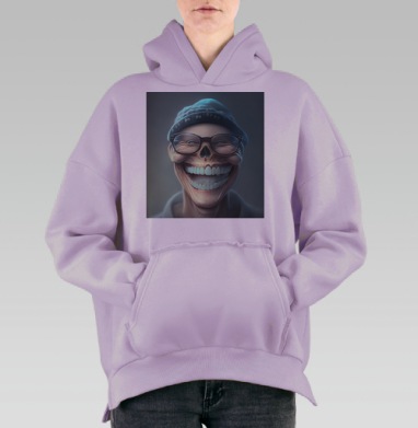Широкая улыбка черепа с очками и синей шапкой, Hoodie Oversize Fiolet, утепленная