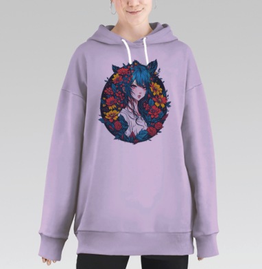 Синеволосая девушка в окружении красных желтых цветов, Hoodie Long Oversize Fiolet