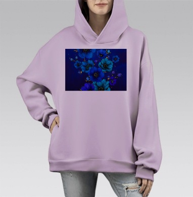 Синие цветы на темном фоне для яркости и загадочности, Hoodie Mono Fiolet, оверсайз, утепленная