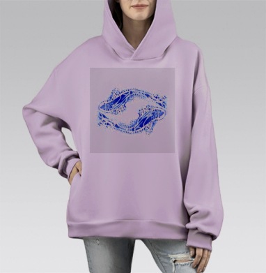 Синие рыбки в круге гармонии созвездие Рыбы на белом, Hoodie Mono Fiolet, оверсайз, утепленная
