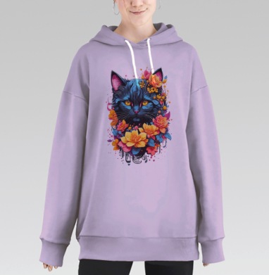 Синий кот с цветами венок нежный образ, Hoodie Long Oversize Fiolet