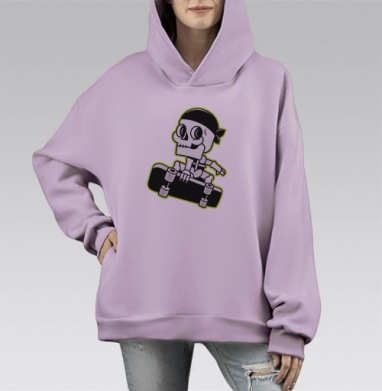 Скелет на скейтборде яркий молодежный активный стиль, Hoodie Mono Fiolet, оверсайз, утепленная