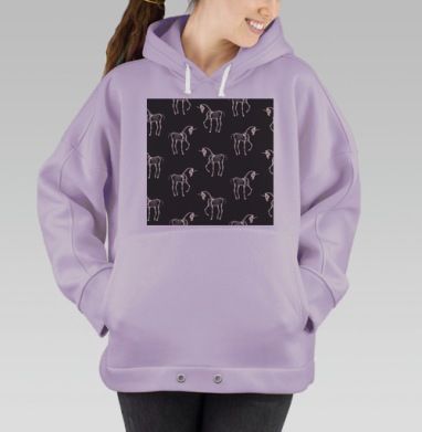 Скелеты Единорогов Бело Черный Фантастический Узоры, Hoodie Oversize Fiolet