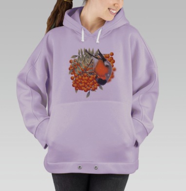 Снегирь на ветке рябины зимой на светлом фоне, Hoodie Oversize Fiolet