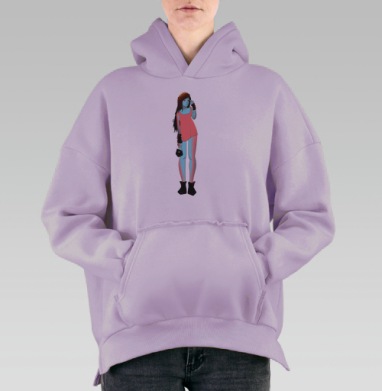 Современная девушка с сумкой и розовым платьем, Hoodie Oversize Fiolet, утепленная