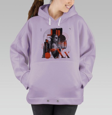 Современный портрет уверенной женщины с городским фоном Description Five, Hoodie Oversize Fiolet