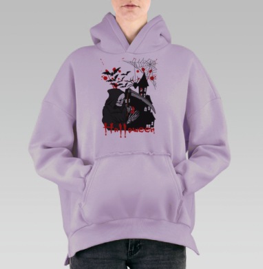 Страшный скелет смерти с косой возле замка Halloween, Hoodie Oversize Fiolet, утепленная