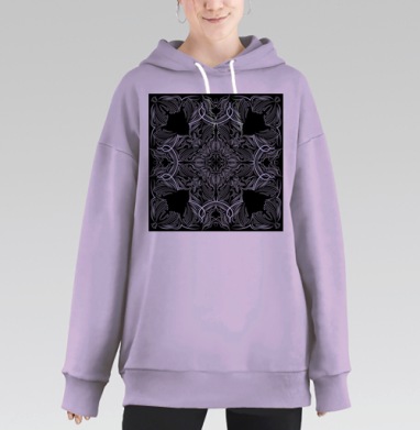 Строгий белый узор в квадратной рамке на черном фоне, Hoodie Long Oversize Fiolet