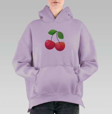 Свежие красные вишни с зелёными листьями на сером фоне, Hoodie Oversize Fiolet, утепленная