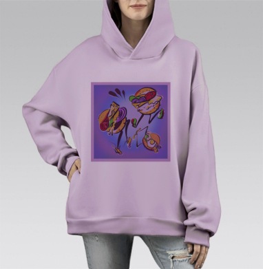 Танцующие весёлые бургеры в ярких цветах на сиреневом фоне, Hoodie Mono Fiolet, оверсайз, утепленная