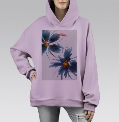 Темно синие цветы с оранжевым центром и красными акцентами на белом фоне, Hoodie Mono Fiolet, оверсайз, утепленная