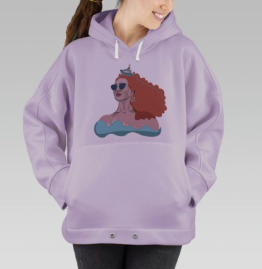 Уверенная рыжеволосая женщина с кораблем на голове и волной, Hoodie Oversize Fiolet