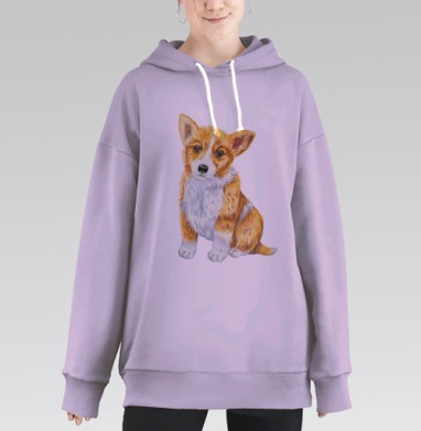 Вельш корги с голубым бантом и надписью на сером фоне, Hoodie Long Oversize Fiolet