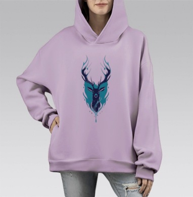 Величественный олень с мистическим холодным пламенем в центре, Hoodie Mono Fiolet, оверсайз, утепленная