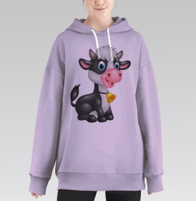 Веселая мультяшная корова с колокольчиком сидит, Hoodie Long Oversize Fiolet
