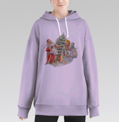 Весёлый Дед Мороз и снеговики у ёлки Новый Год вместе, Hoodie Long Oversize Fiolet