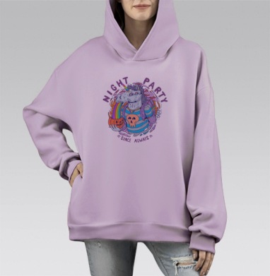 Веселый единорог с радугой на ночной вечеринке, Hoodie Mono Fiolet, оверсайз, утепленная