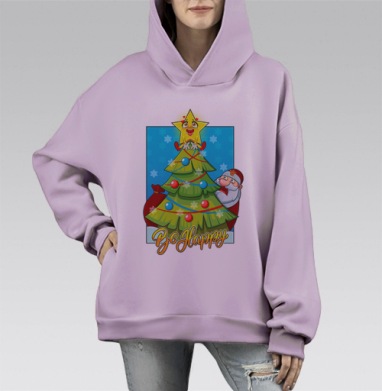 Весёлый новогодний праздник с радостной звёздой и Дедом Морозом, Hoodie Mono Fiolet, оверсайз, утепленная