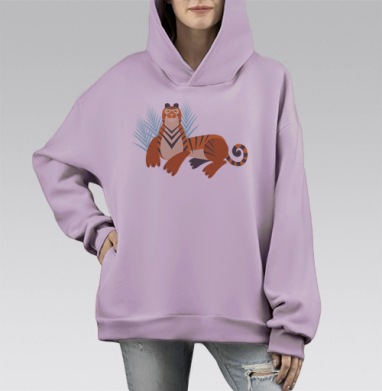 Веселый оранжевый тигр лежит в траве спокойно, Hoodie Mono Fiolet, оверсайз, утепленная