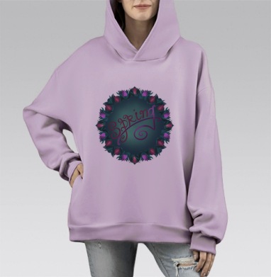 Весенний венок с тюльпанами и каллиграфией spring весенний венок с, Hoodie Mono Fiolet, оверсайз, утепленная