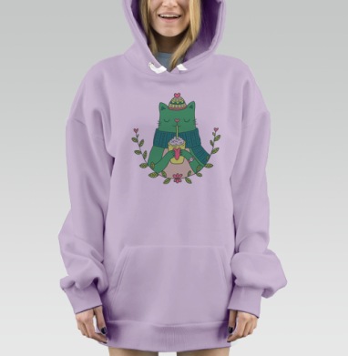 Уютная Зеленая Кошка с Чашкой Теплого Напитка, Hoodie Mjhigh Dig Mel, Fiolet, утепленная