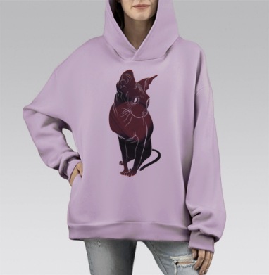 Внимательный красный кот с графическими линиями на сером фоне, Hoodie Mono Fiolet, оверсайз, утепленная