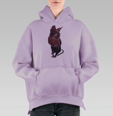 Внимательный красный кот с графическими линиями на сером фоне, Hoodie Oversize Fiolet, утепленная