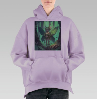 Волшебная лесная фея с зелеными крыльями и венком из листьев, Hoodie Oversize Fiolet, утепленная