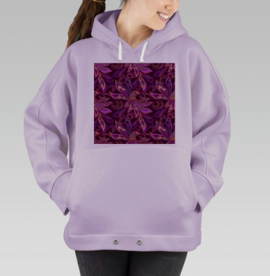 Волшебные птицы на бордовом фоне узор из листьев и перьев, Hoodie Oversize Fiolet