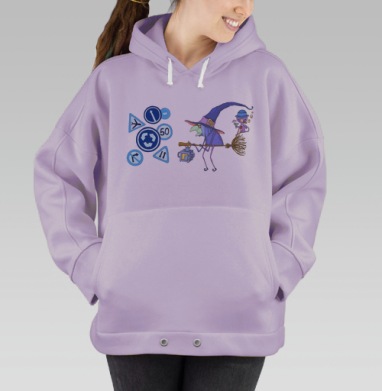 Witch and creature among road signs – Ведьма и спутник на метле ночью, Hoodie Oversize Fiolet