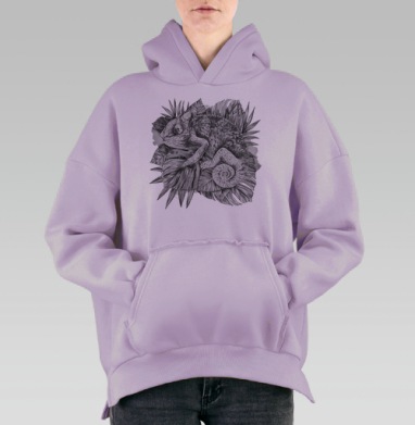 Хамелеон на тропических листьях скрытность природы мира, Hoodie Oversize Fiolet, утепленная