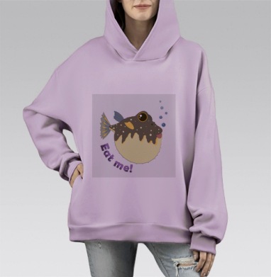Ядовитая забавная рыбка фугу с надписью Съешь меня, Hoodie Mono Fiolet, оверсайз, утепленная