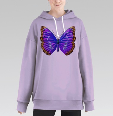 Яркая тропическая бабочка в синих и фиолетовых оттенках, Hoodie Long Oversize Fiolet