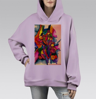 Яркие абстрактные фигуры в динамике красный оранжевый желтый, Hoodie Mono Fiolet, оверсайз, утепленная