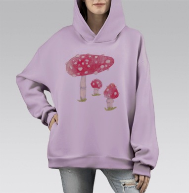 Яркие красные мухоморы с белыми пятнами на траве, Hoodie Mono Fiolet, оверсайз, утепленная