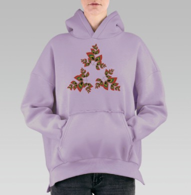 Яркие листья с абстрактными узорами на сером фоне, Hoodie Oversize Fiolet, утепленная