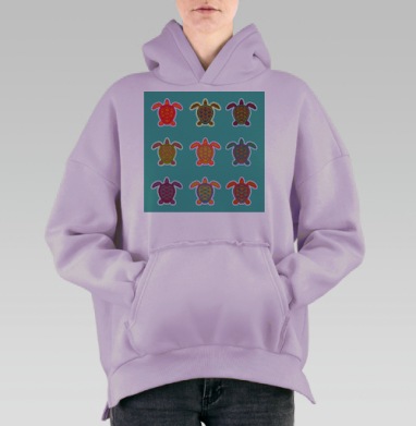 Яркие морские черепахи в орнаменте на бирюзовом фоне, Hoodie Oversize Fiolet, утепленная