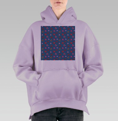 Яркие сердечки на синем фоне нежность игривость романтика, Hoodie Oversize Fiolet, утепленная
