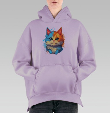 Яркий голубой оранжевый кот лицо мордочка, Hoodie Oversize Fiolet, утепленная