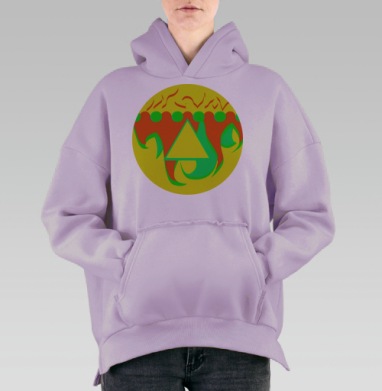 Яркий кислотный треугольник с огнём в центре композиции, Hoodie Oversize Fiolet, утепленная