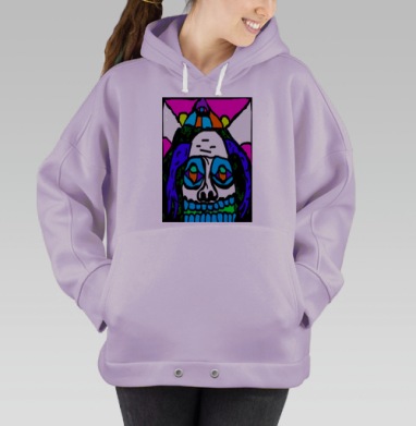 Яркий контрастный череп с карнавальными элементами и глазами, Hoodie Oversize Fiolet