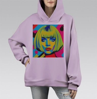 Яркий Неоновый Портрет Женщины с Волосами Мода, Hoodie Mono Fiolet, оверсайз, утепленная