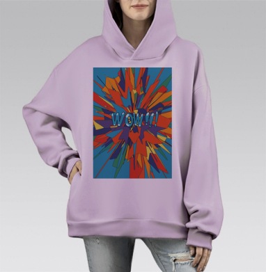 Яркий взрыв энергичных фигур с надписью WOW на голубом фоне, Hoodie Mono Fiolet, оверсайз, утепленная