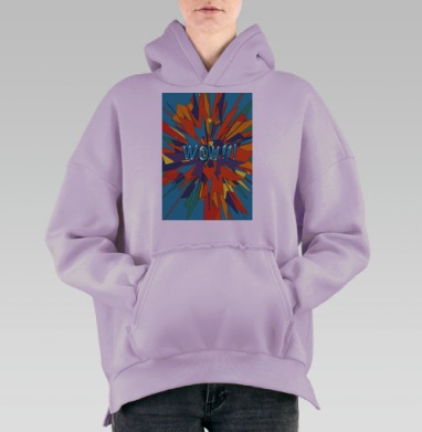 Яркий взрыв энергичных фигур с надписью WOW на голубом фоне, Hoodie Oversize Fiolet, утепленная