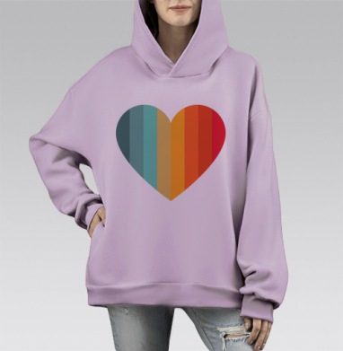 Яркое сердце с полосами из красного оранжевого бирюзового, Hoodie Mono Fiolet, оверсайз, утепленная