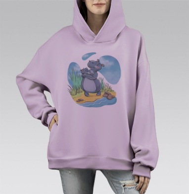 Заботливая бегемотиха с малышом возле воды у травы, Hoodie Mono Fiolet, оверсайз, утепленная