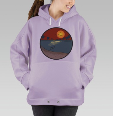 Закат над тихой водой лодка на берегу уединение, Hoodie Oversize Fiolet