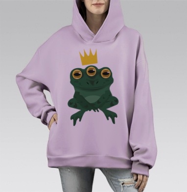 Зелёная трёхглазая жаба с короной спокойным серым фоне, Hoodie Mono Fiolet, оверсайз, утепленная